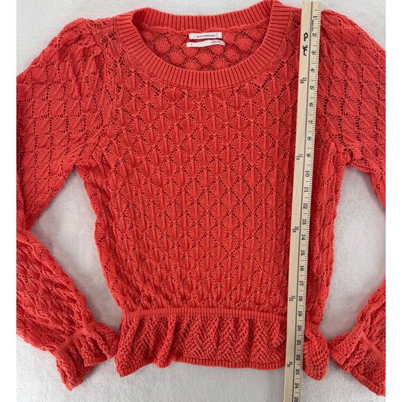 Anthropologie Flounce Hem Pointelle Sweater Orange Coral Knit Lace Sweater M - Picture 11 of 11